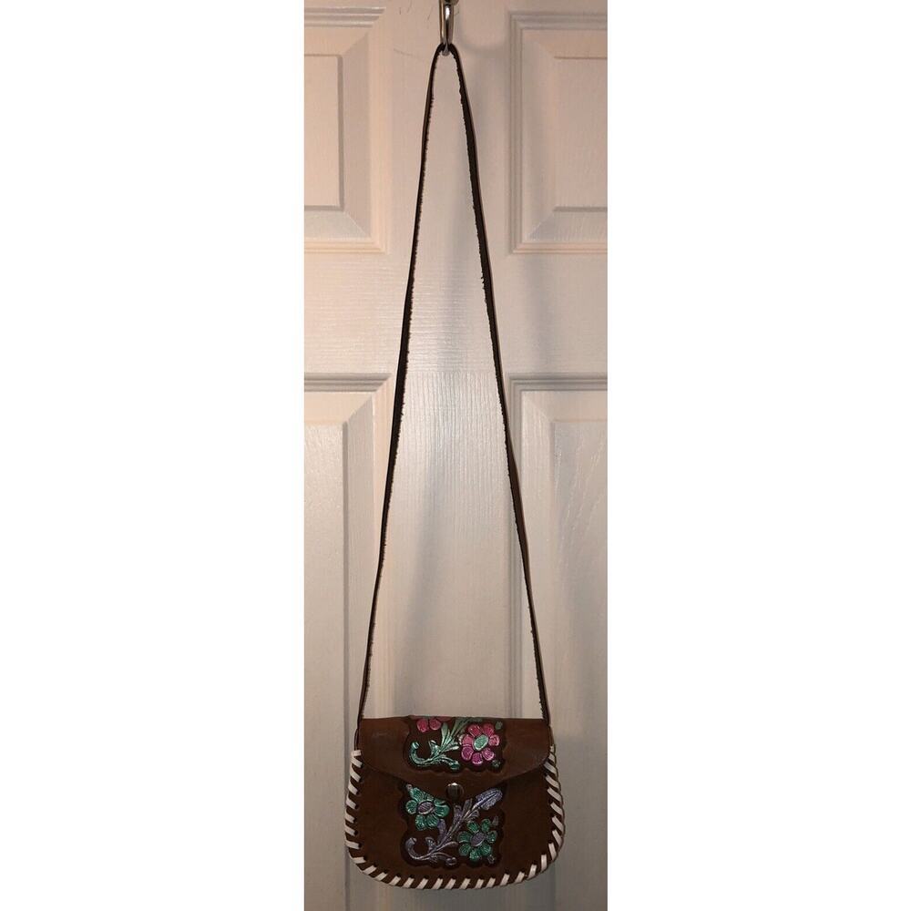 Purse Mexico Cross Body Brown Leather Floral Embossed 5.5 x 7 inches